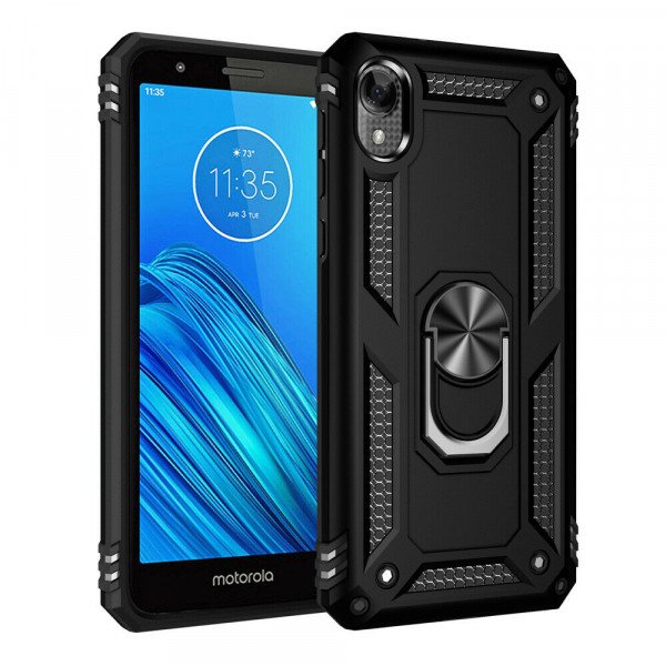 Wholesale Motorola Moto E6 Tech Armor Ring Grip Case with Metal Plate (Black)